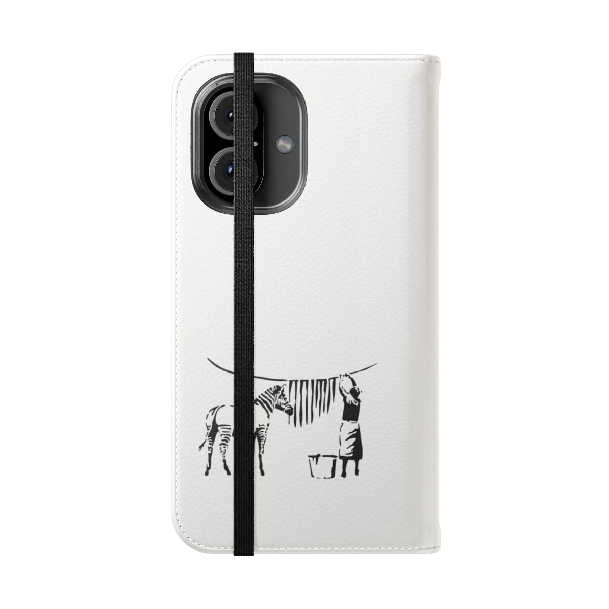 Banksy-inspired zebra graffiti phone case featuring black and white design - Folded Front