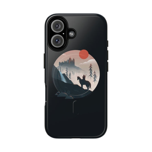 Magnetic phone case featuring the fantasy character Geralt of Rivia riding a horse through a medieval landscape.