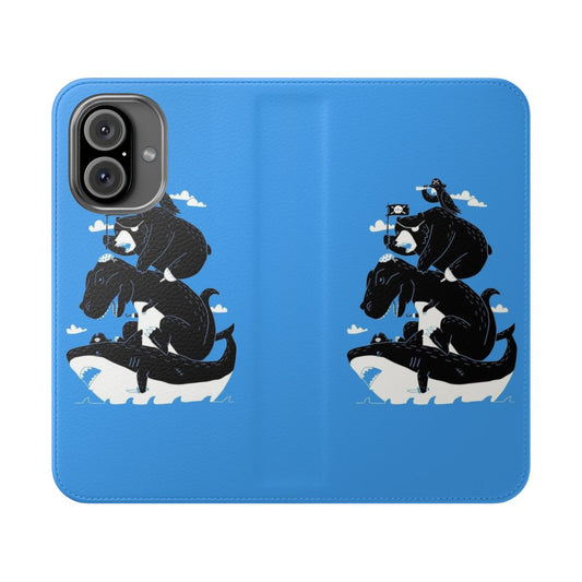 Flip cover phone case featuring pirate and dinosaur designs