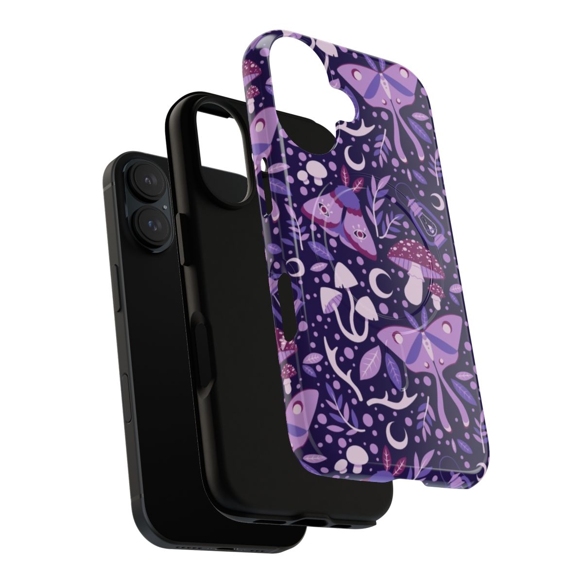 A purple phone case featuring a mystical forest design with moths, mushrooms, and other natural elements. - Layers