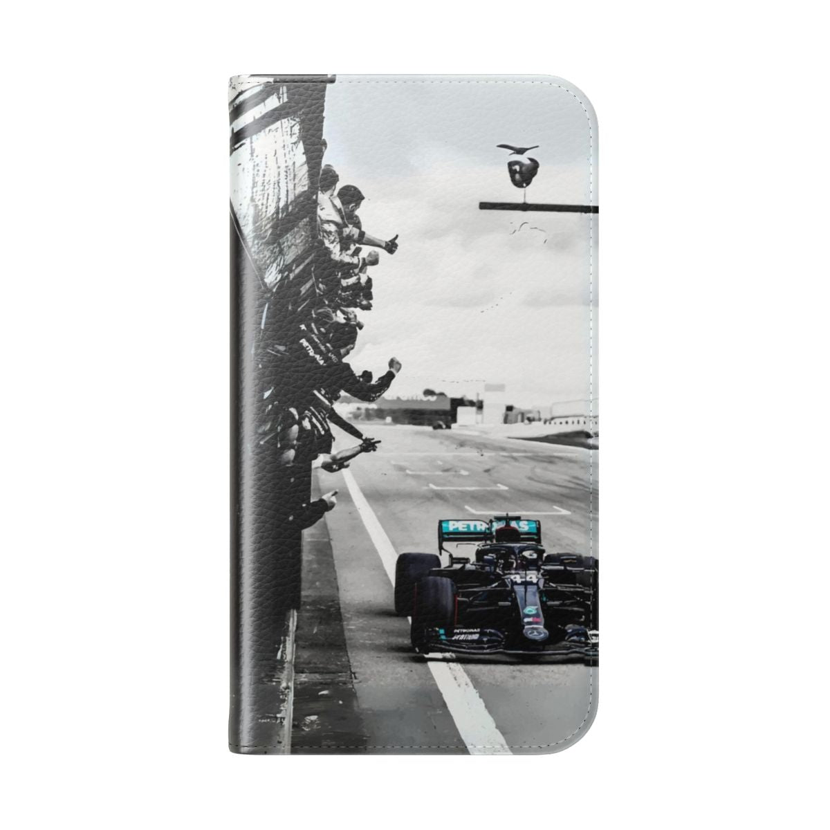 Vintage digital art-inspired flip cover phone case featuring Lewis Hamilton, the iconic Formula 1 world champion. - Folded Back