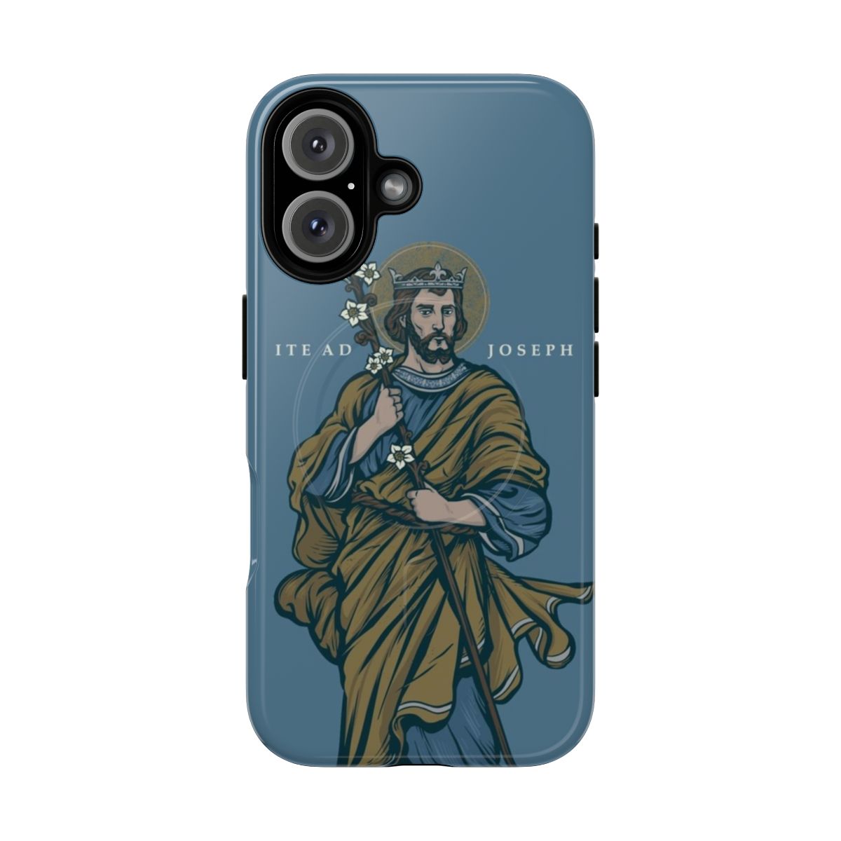 Magnetic Catholic phone case featuring the "Ite Ad Joseph" design