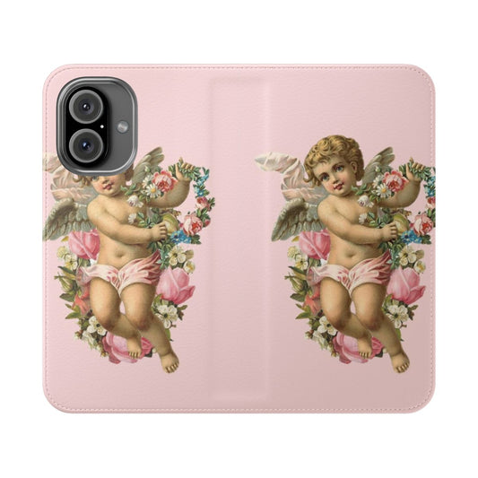 A soft pink phone case featuring a delicate floral angel design