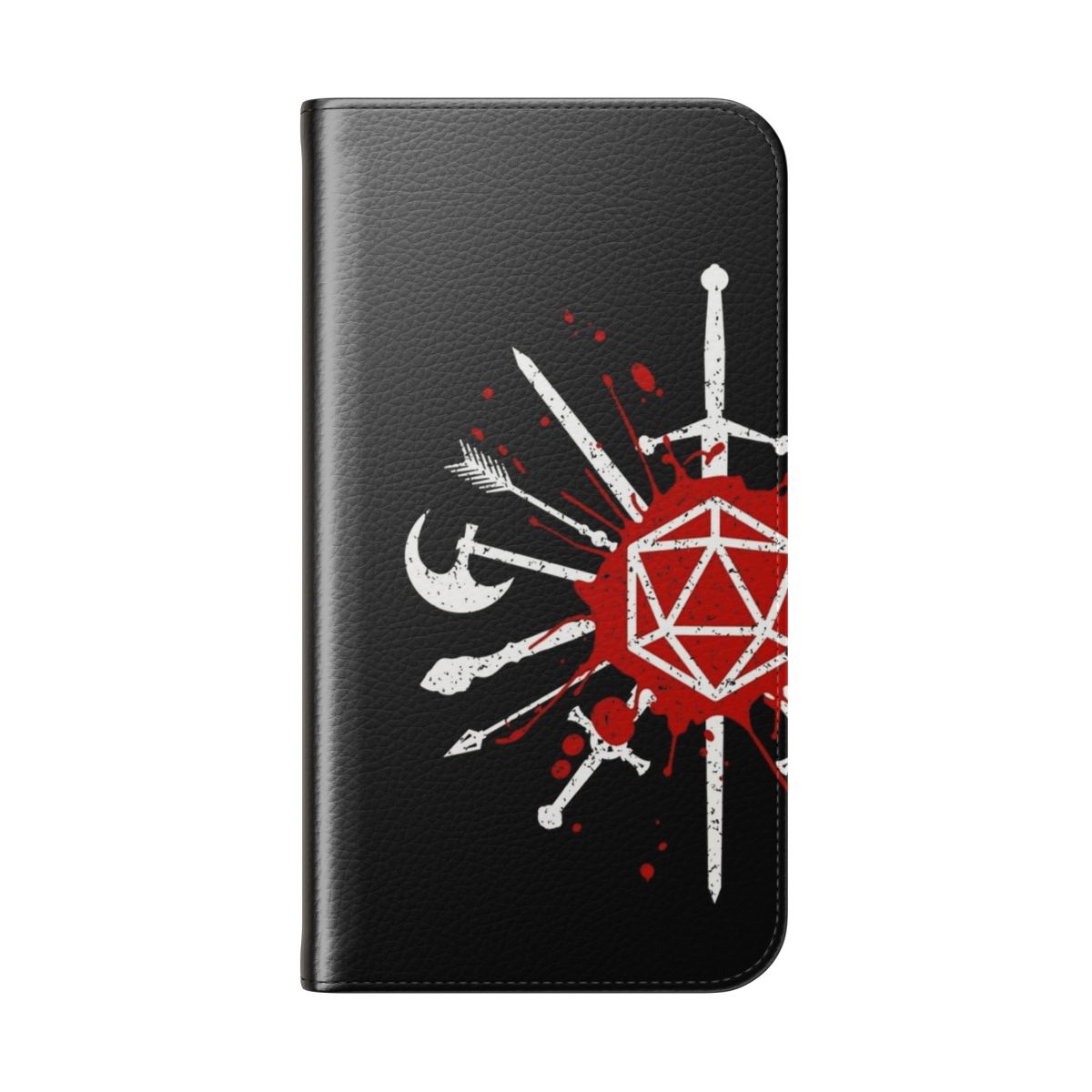 Fantasy-inspired flip phone case with dice, swords, and dragon design - Folded Back