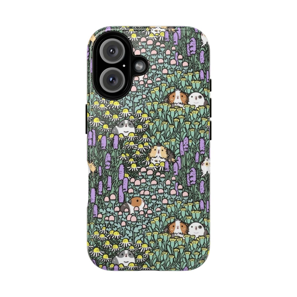 Vibrant floral phone case with an artistic pattern featuring guinea pigs and garden herbs