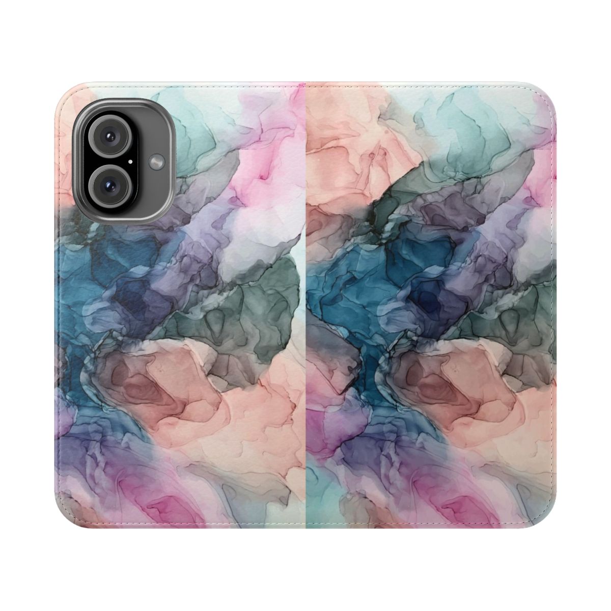 Pastel-colored abstract ink painting on a phone case with a flowing, emotive design.