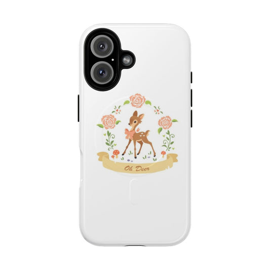 Deer-themed phone case with roses and leaves on a wooden background