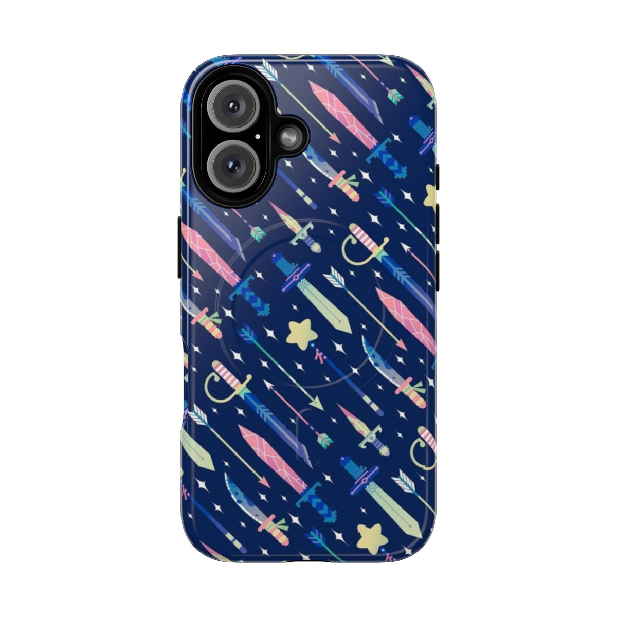 Pastel-colored phone case with magical weapon graphics