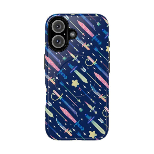 Pastel-colored phone case with magical weapon graphics