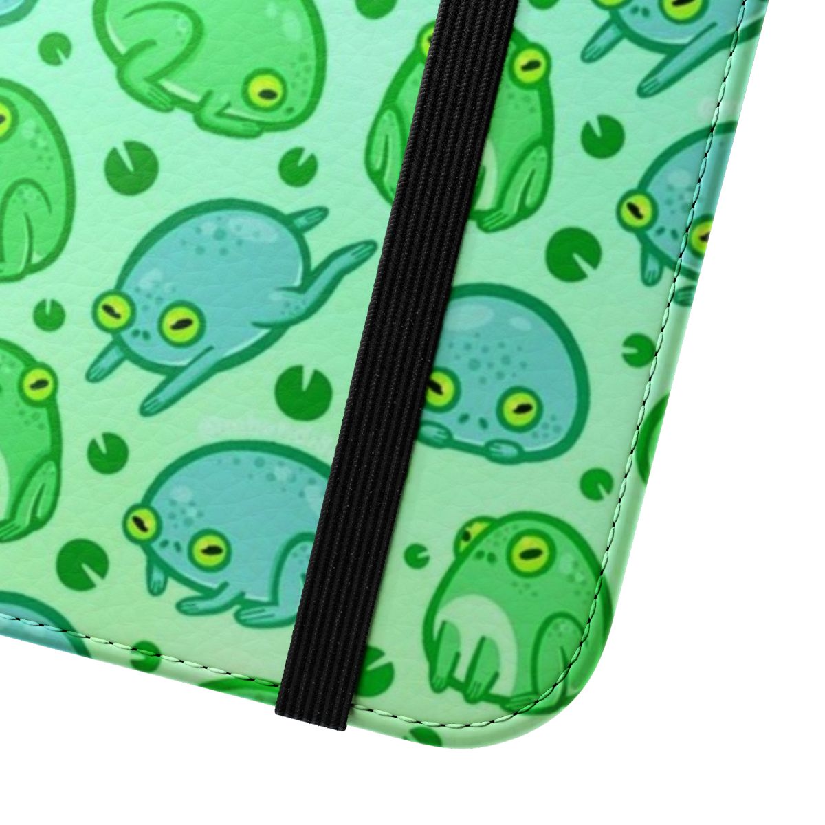 Green frog-themed phone case with a cute, nature-inspired lily pad pattern - Close Up