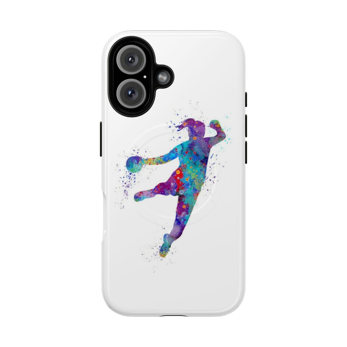 Colorful watercolor silhouette of a handball player on a phone case.