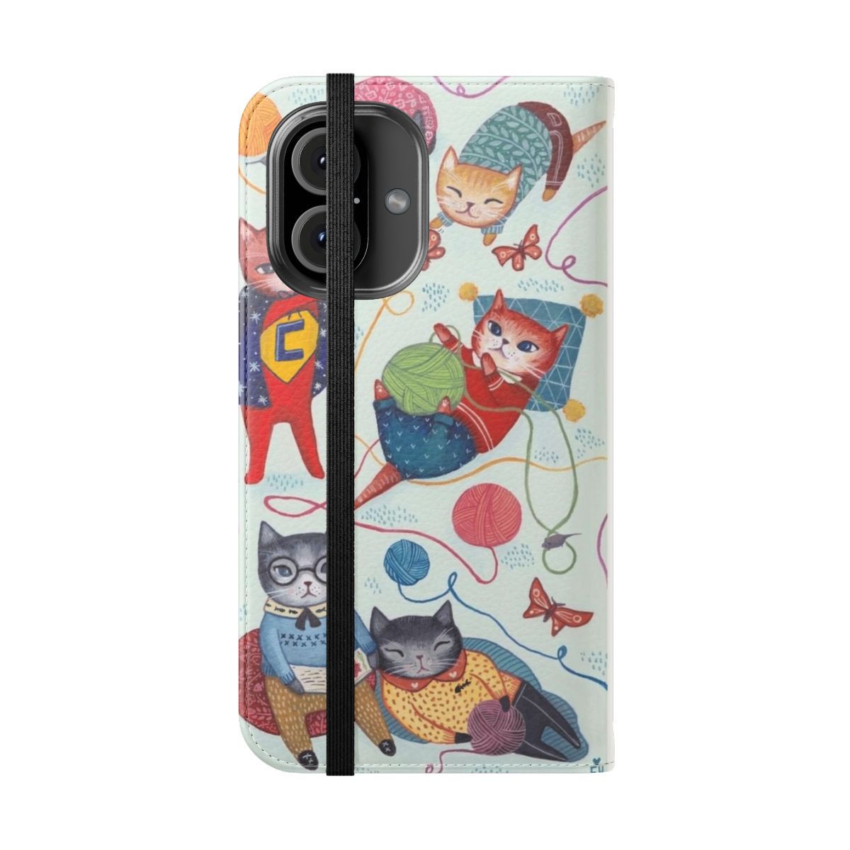 Vibrant flip cover phone case featuring a playful pattern of kittens, cats, and colorful designs. - Folded Front