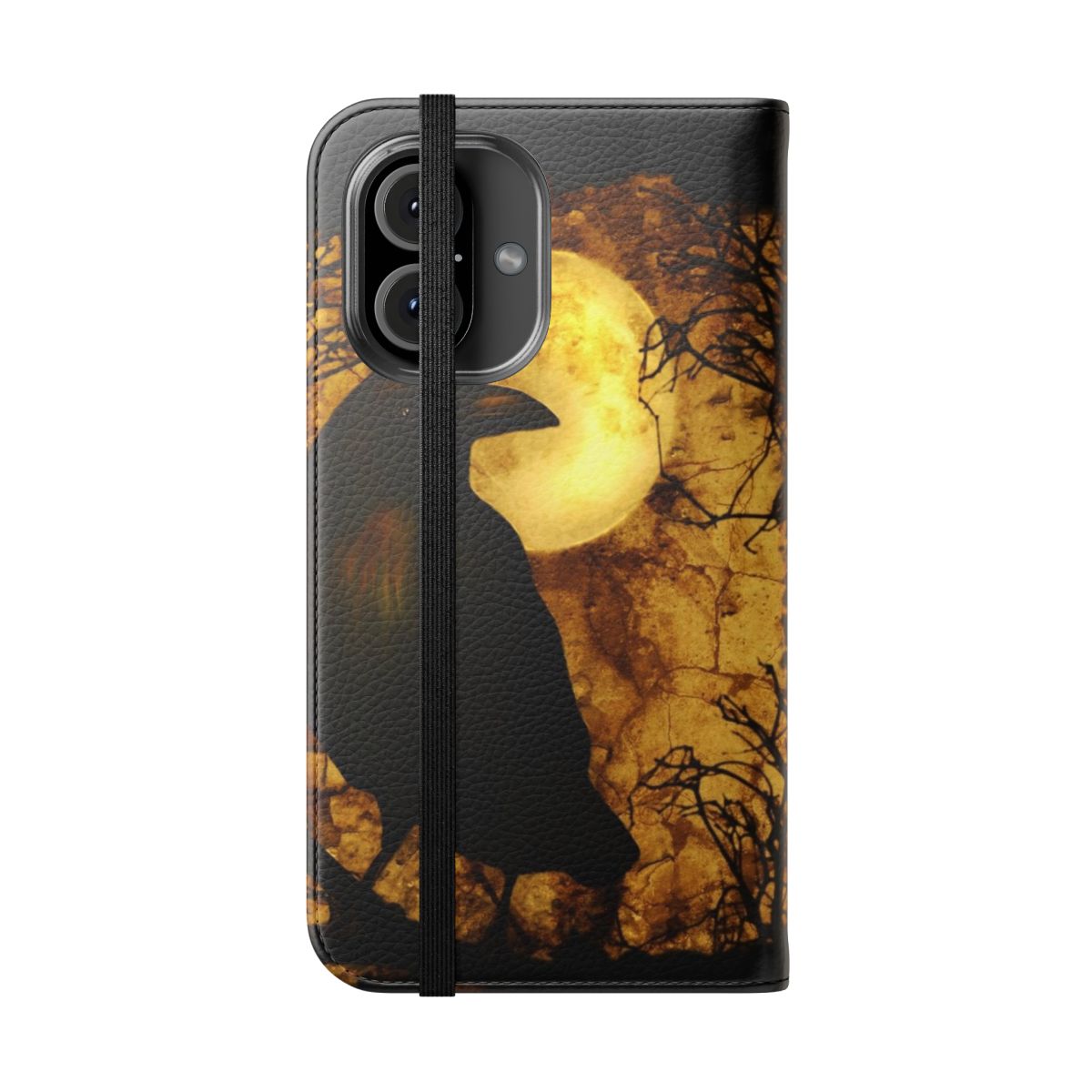 Raven-themed flip cover phone case with a dark, gothic design - Folded Front