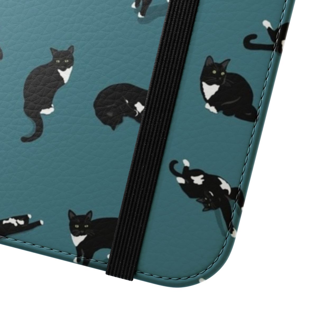 A stylish and personalized phone case featuring a digital drawn pattern of a cute tuxedo cat. - Close Up