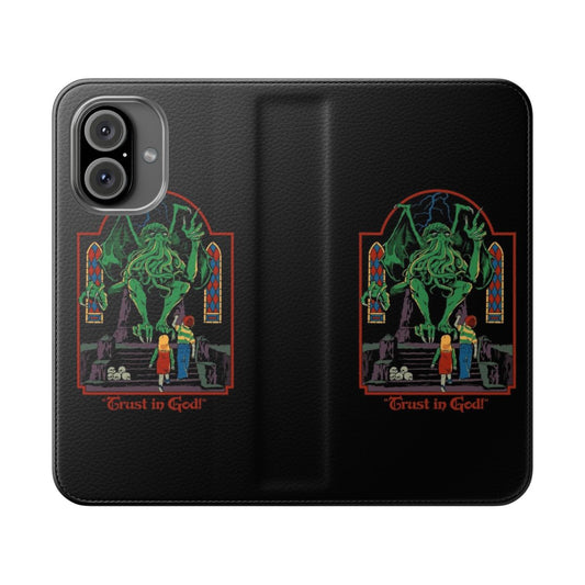 Vintage-style flip cover phone case with Lovecraft-inspired ancient one design