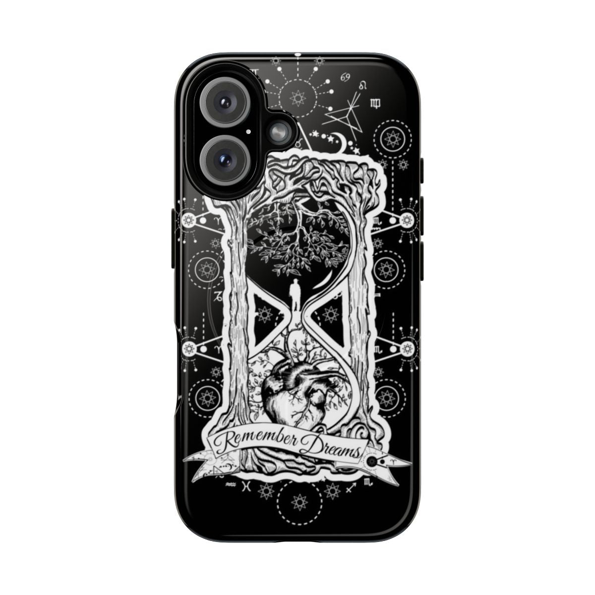 A dark, gothic phone case featuring a crow silhouette and crystal design