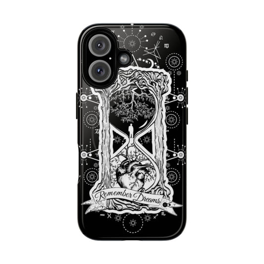 A dark, gothic phone case featuring a crow silhouette and crystal design