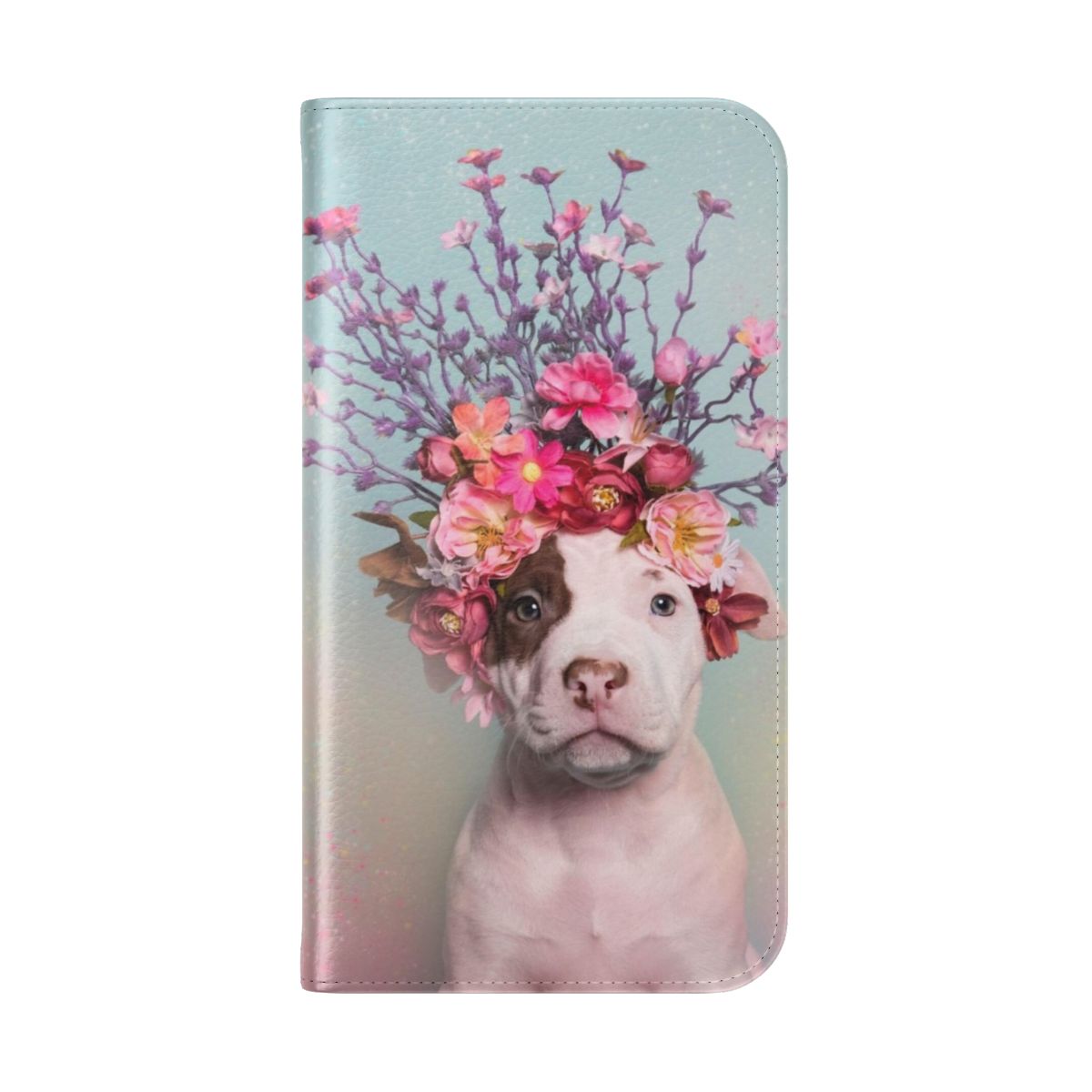 Colorful flower power themed phone case featuring a pitbull face with a flower crown - Folded Back