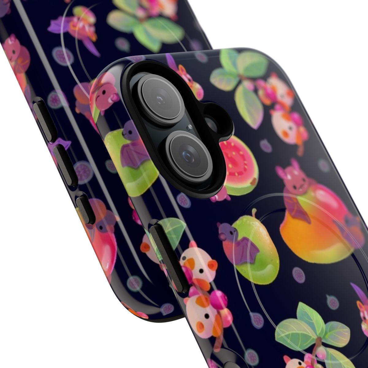 Dark magnetic tough phone case featuring a tropical fruit bat design - Detail