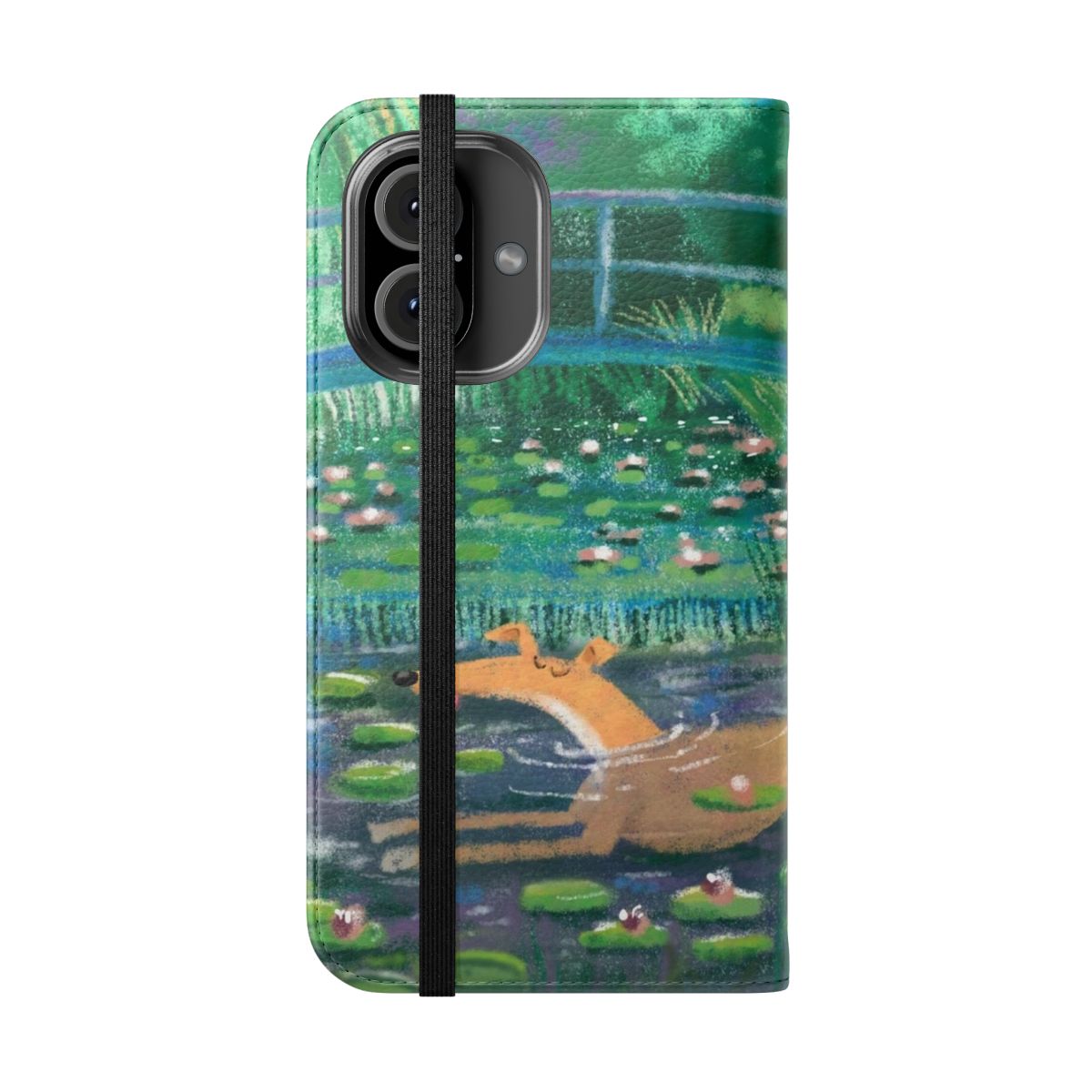 Colorful impressionist-style phone case featuring greyhound, whippet, and lurcher dog breeds - Folded Front