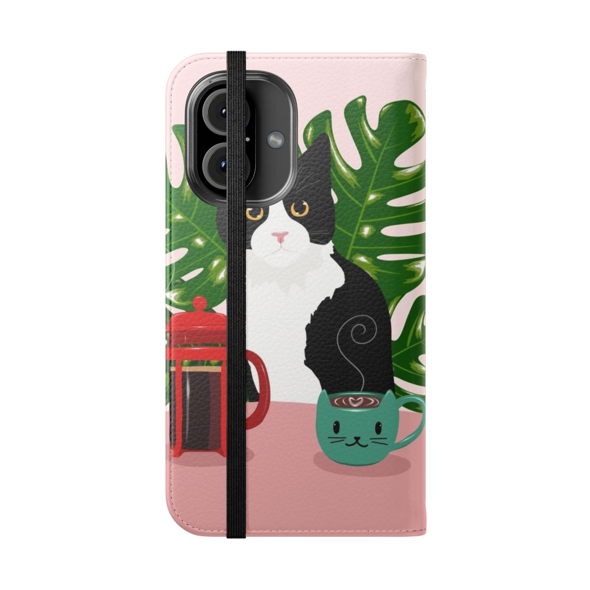 Flip phone case featuring a tuxedo cat and coffee french press design with monstera leaves - Folded Front