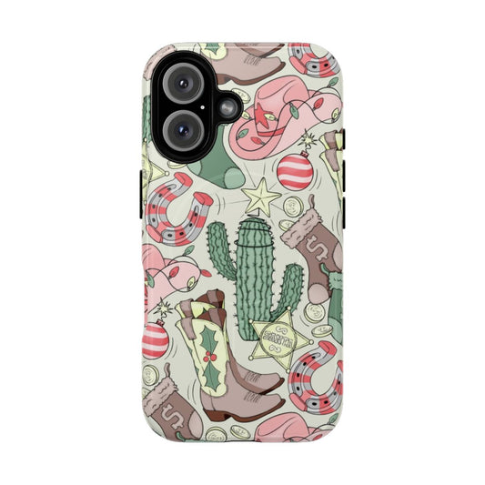 Magnetic tough phone case with a southwestern cowgirl christmas design featuring cactus, santa, and candy cane elements.