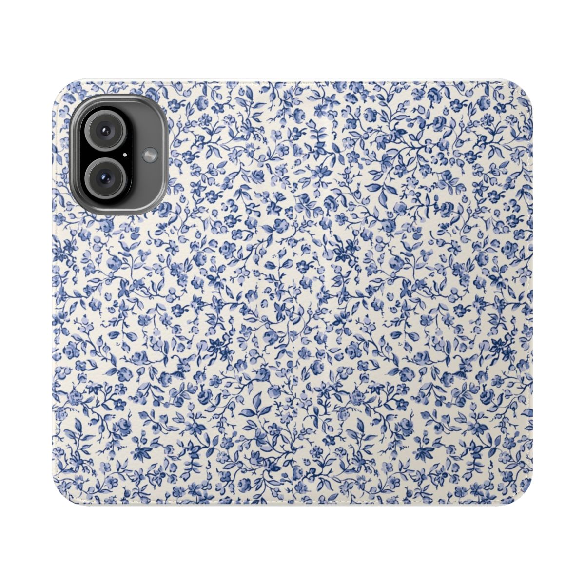 Floral phone case with a classic Victorian-inspired pattern in blue and white