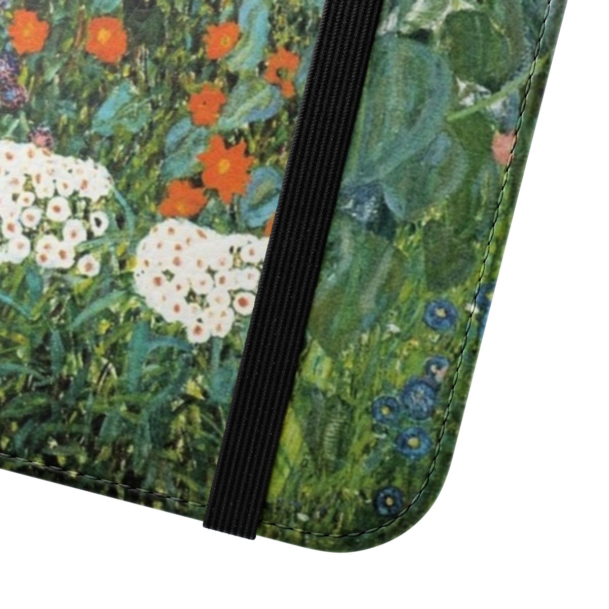 Flip cover phone case featuring a vibrant sunflower design inspired by the artwork of Gustav Klimt - Close Up