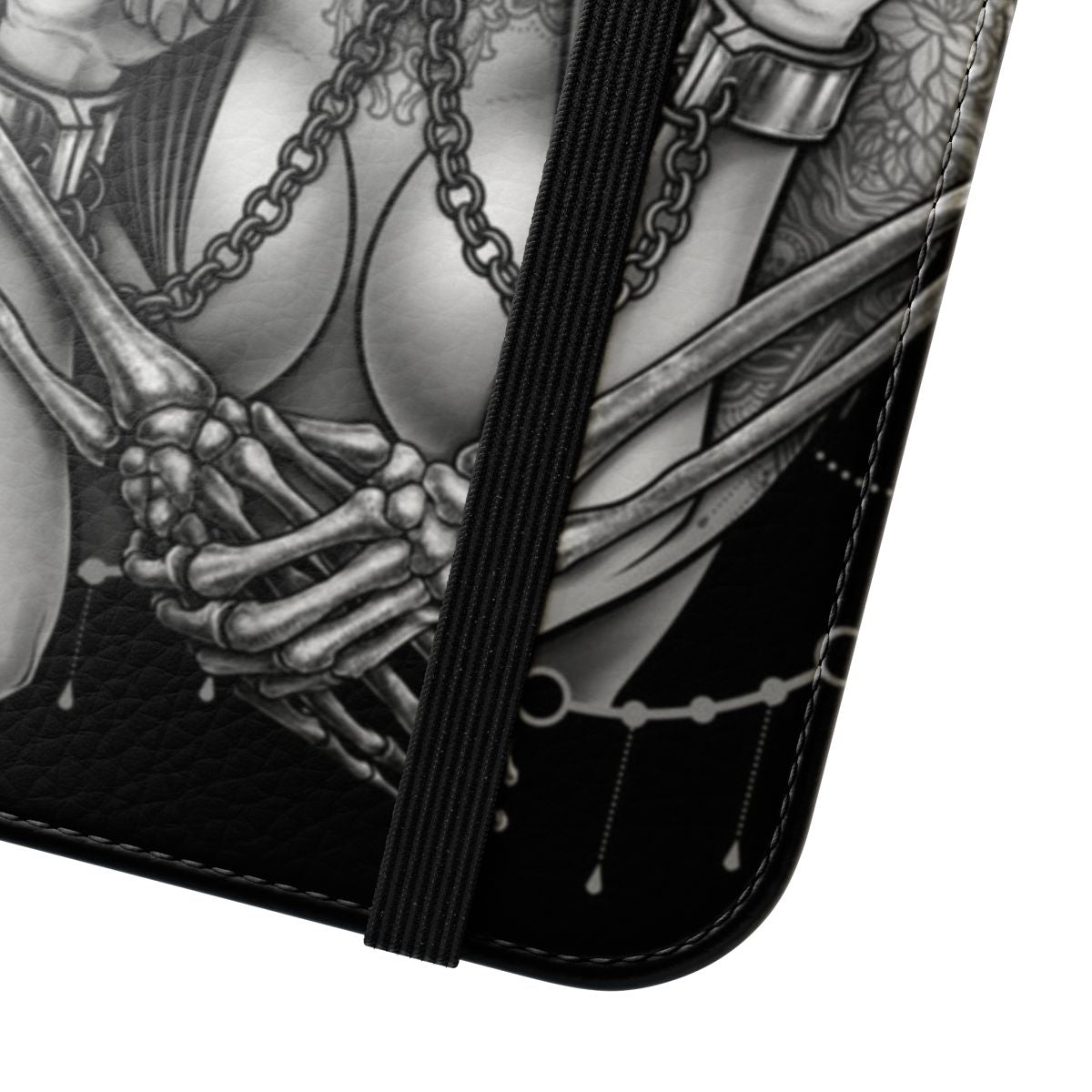 Black and white "See No Evil" flip phone case with neo-traditional tattoo-inspired design - Close Up