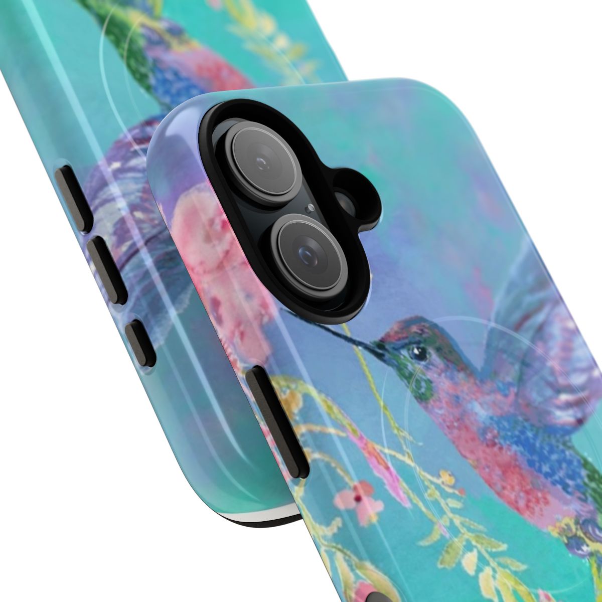 Vibrant hummingbird design on a durable, magnetic phone case. - Detail