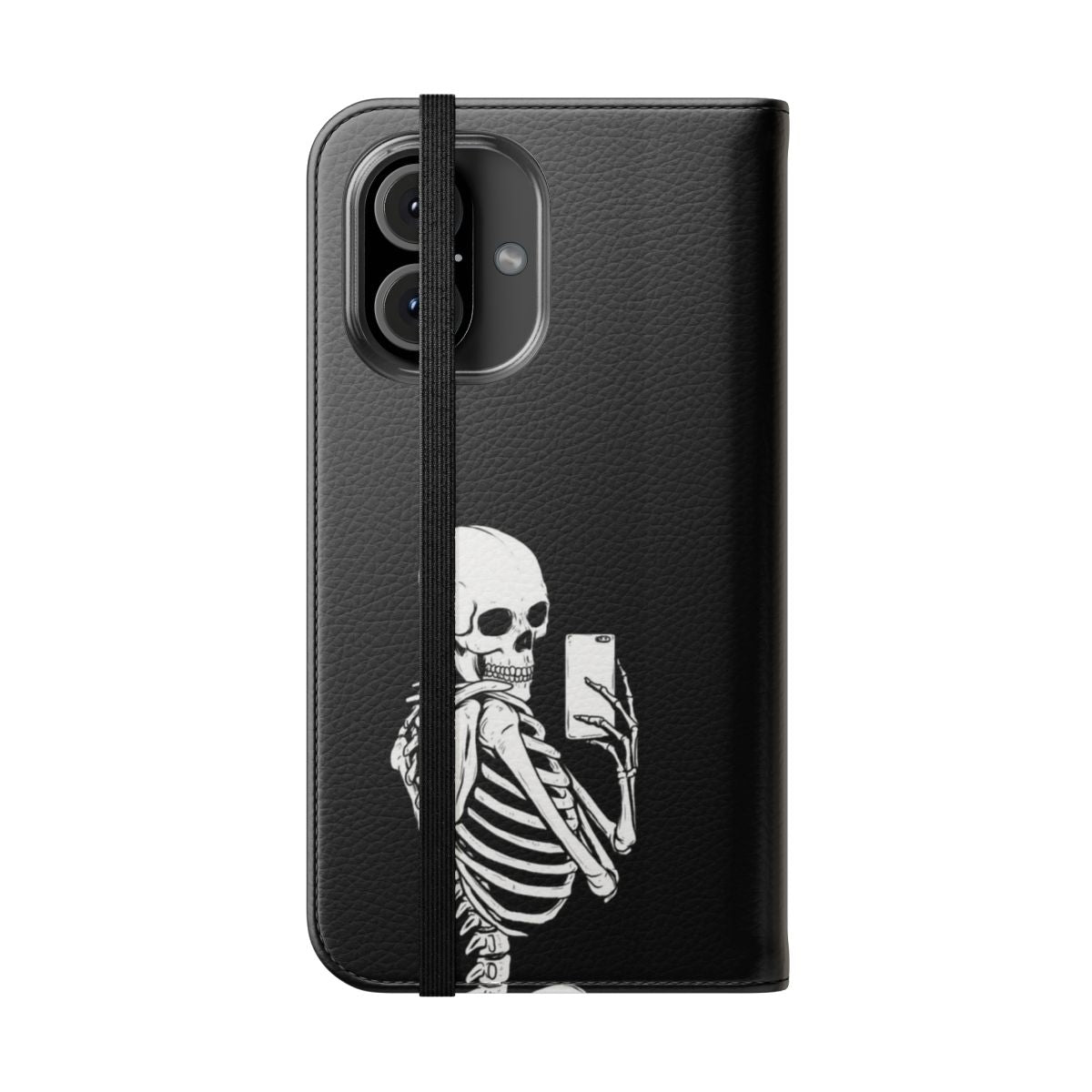 Skeleton-themed flip phone case with skull and bone design - Folded Front