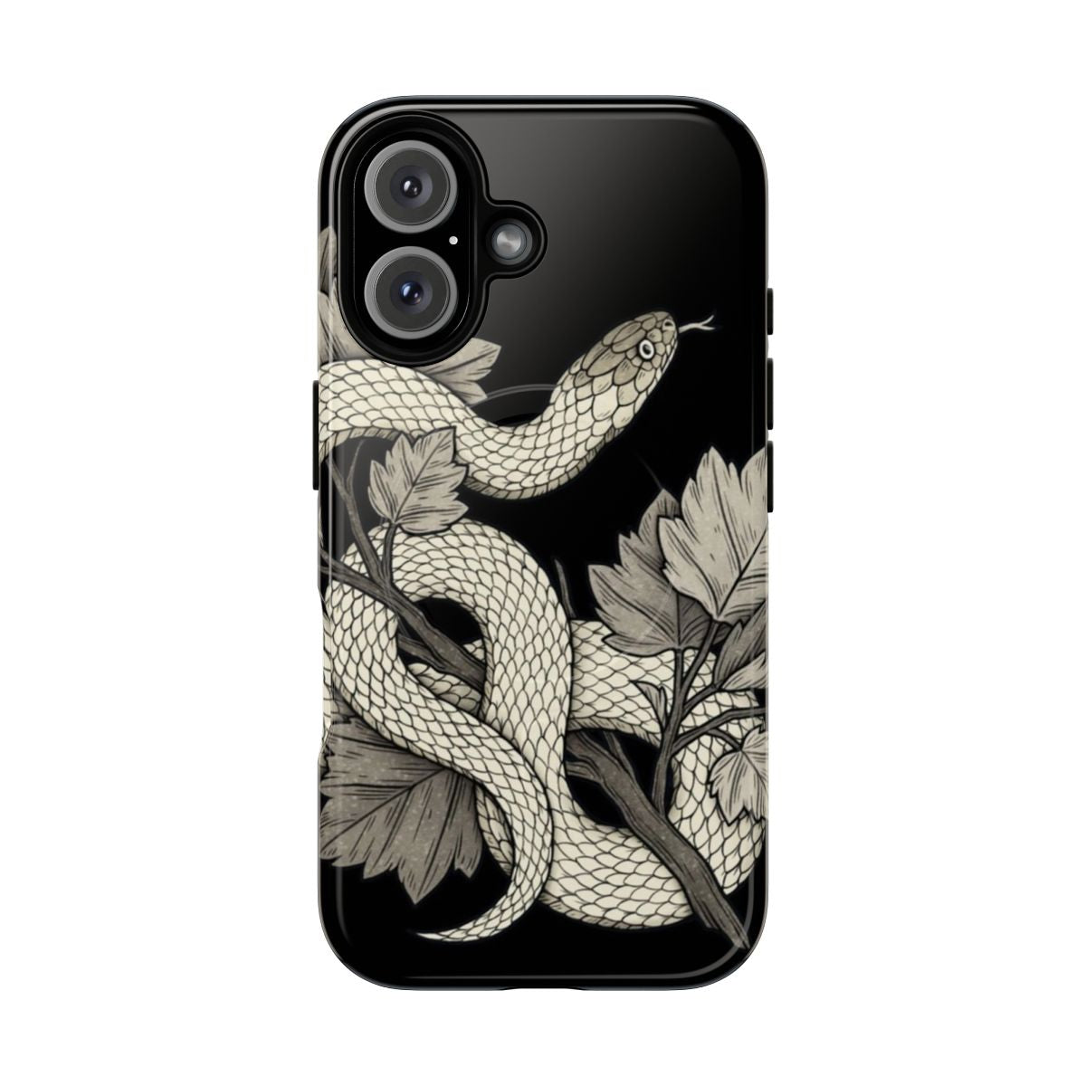 A black and white phone case featuring a curious snake coiled on a branch, with a gothic, eerie, and botanical design.