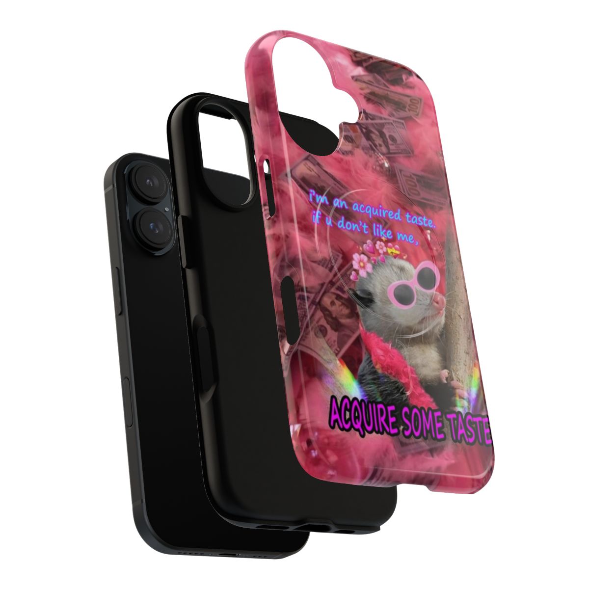 Magnetic phone case featuring a possum wearing a pink feather boa and sunglasses - Layers