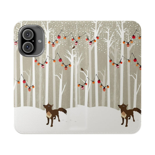 Flip cover phone case with a winter landscape design featuring a forest, snow, and a wolf.