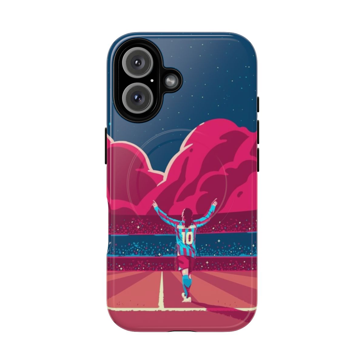 Colorful phone case design featuring soccer star Ronaldinho in an artistic, starry night setting.