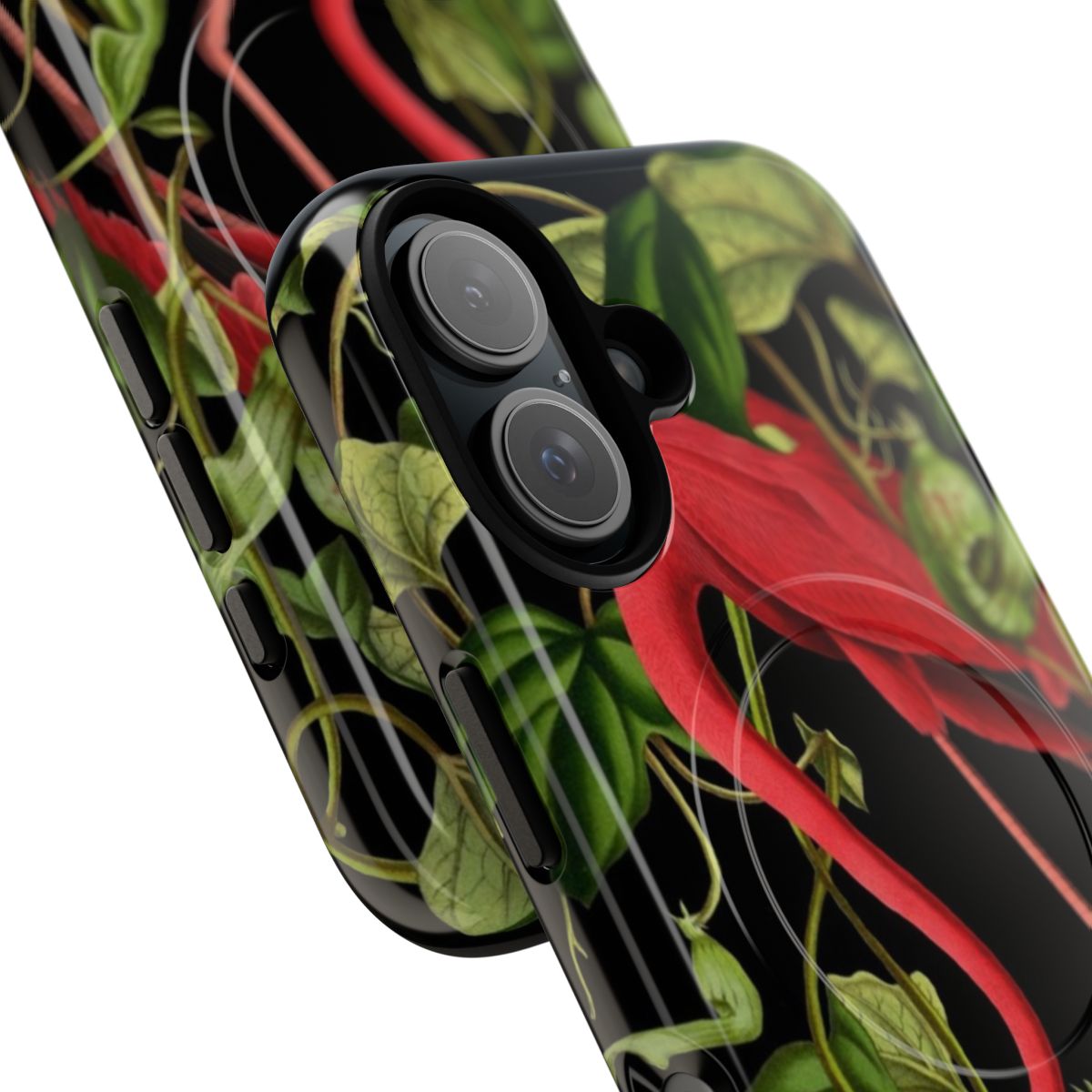 Flamingo-patterned tough phone case with tropical leaves and plants - Detail