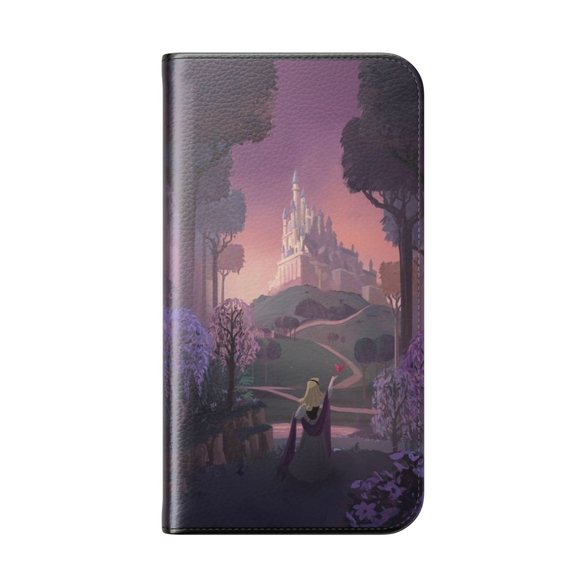 Flip cover phone case with a pastel illustration of a forest, dream, and sleeping beauty-inspired design - Folded Back