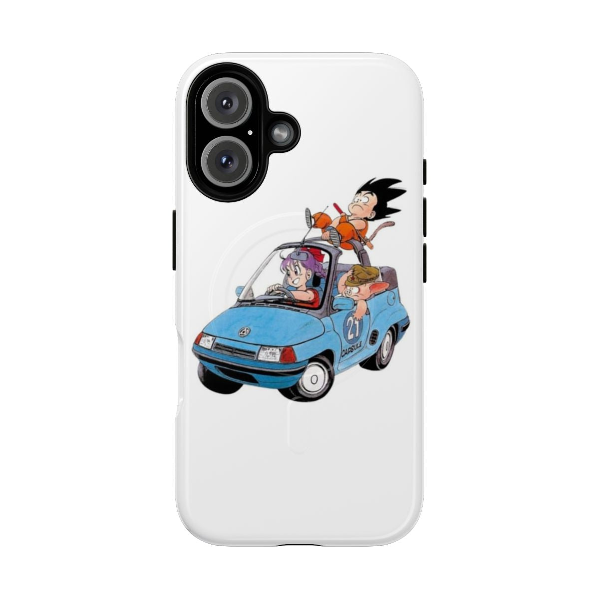 Dragonball inspired phone case with Goku, Bulma, and Oolong on a roadtrip adventure