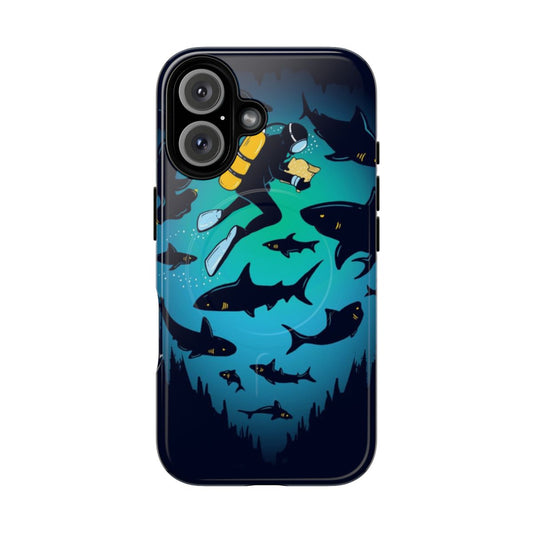 Magnetic tough phone case with a funny shark and diver illustration