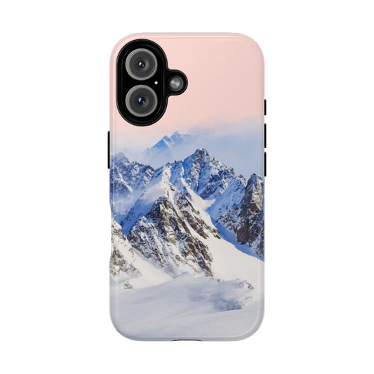 A phone case featuring a beautiful snow-capped mountain landscape in digital art style.