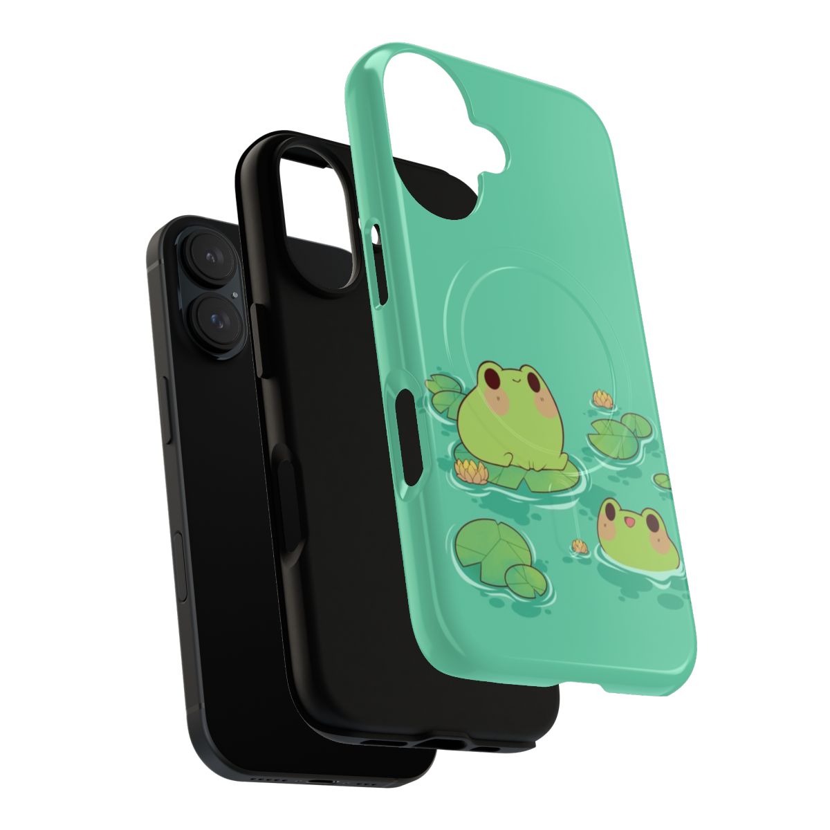 Magnetic phone case featuring a charming illustration of froggies surrounded by water lilies and lush foliage. - Layers