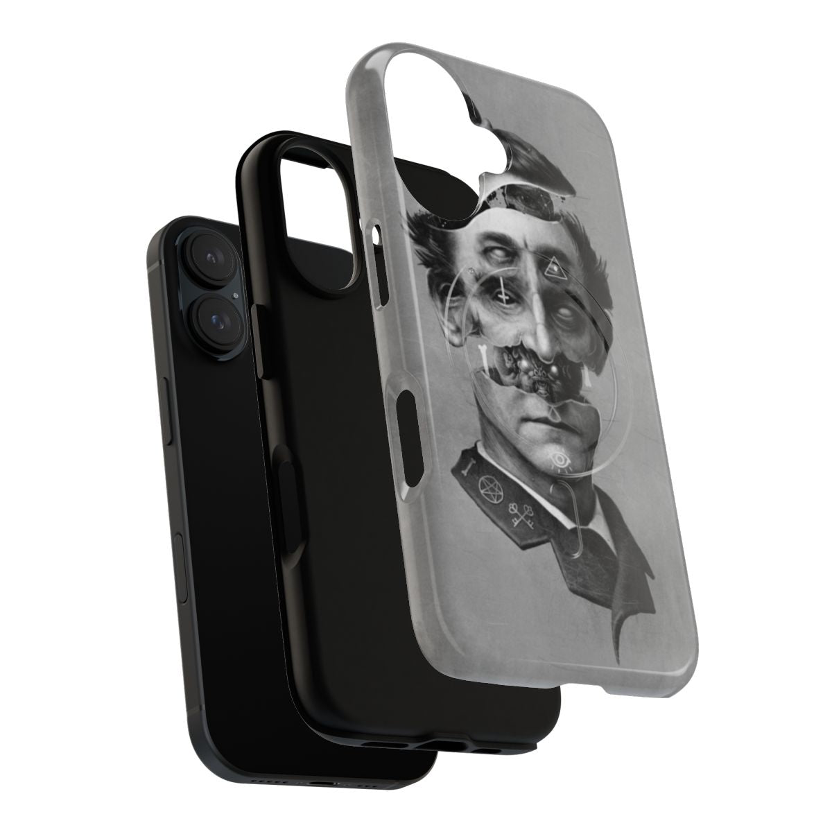 Visionary magnetic phone case with occult, dark art design featuring creepy portrait with scary eyes and mystical symbols - Layers