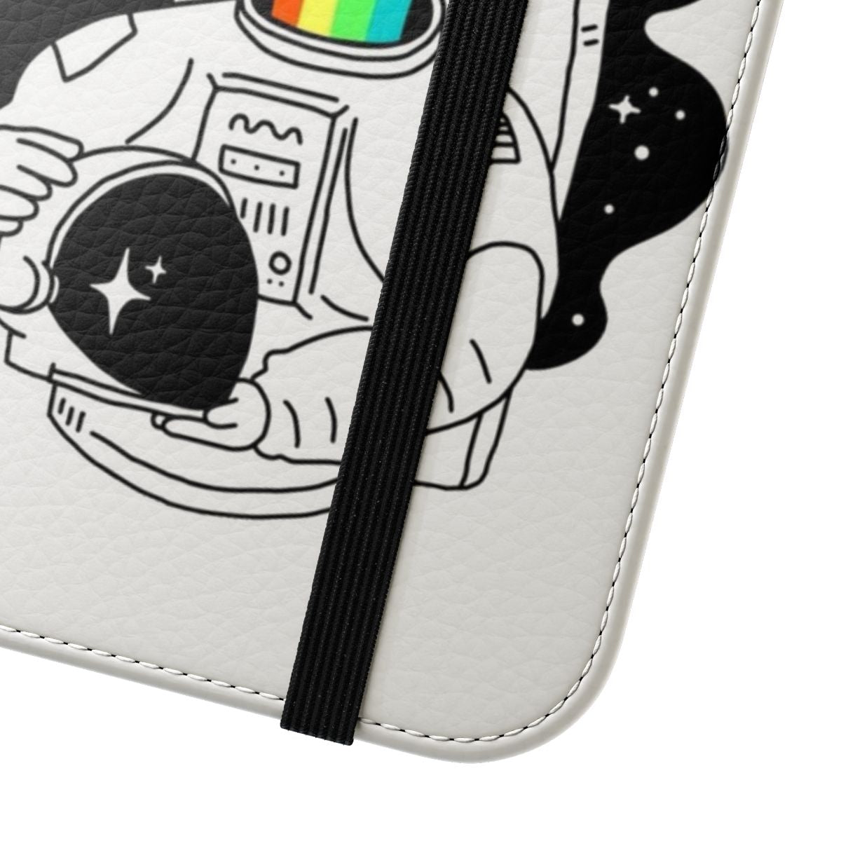 Flip cover phone case with a cosmic, fantasy design featuring a unicorn and stars in space. - Close Up