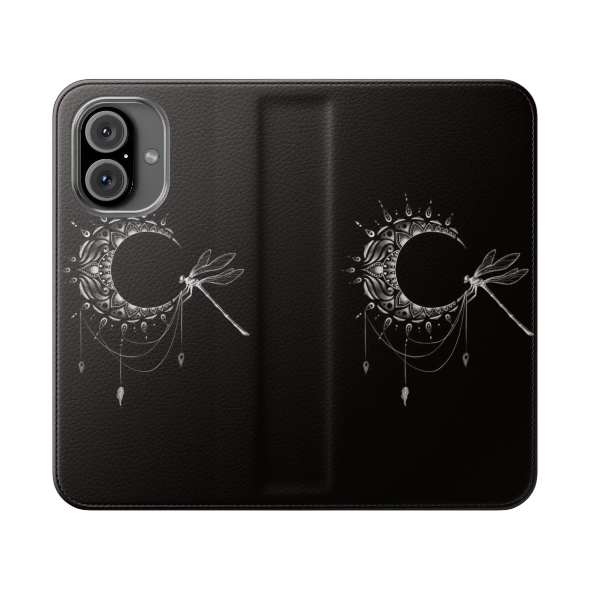 Crescent moon and dragonfly design on a black and white phone case