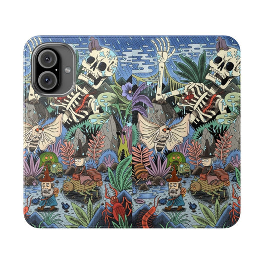 Fantastical flip cover phone case featuring a magical journey design with fantasy elements like insects, skeletons, and nature motifs.