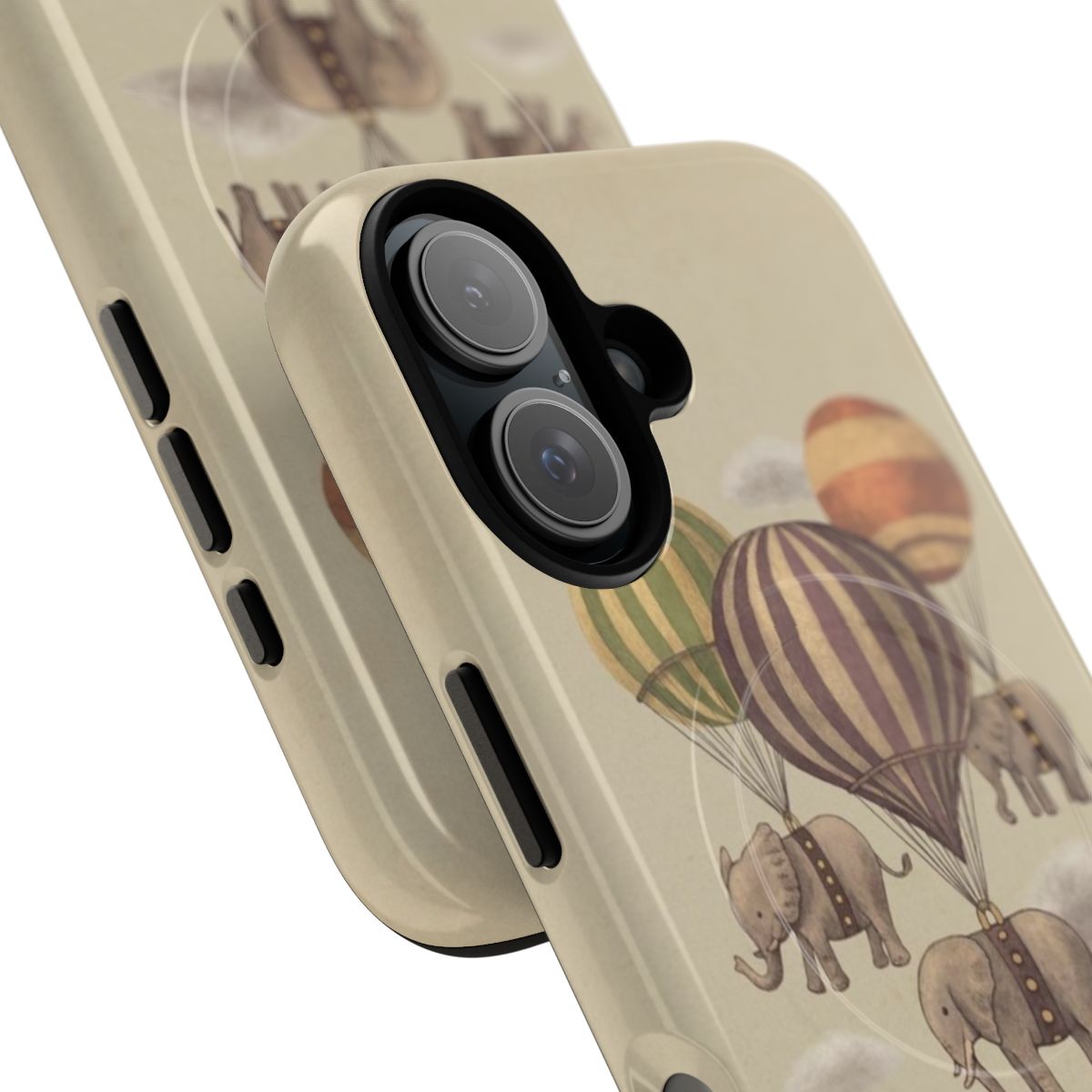 Vintage-style phone case with a digital illustration of flying elephants in a fantasy landscape - Detail