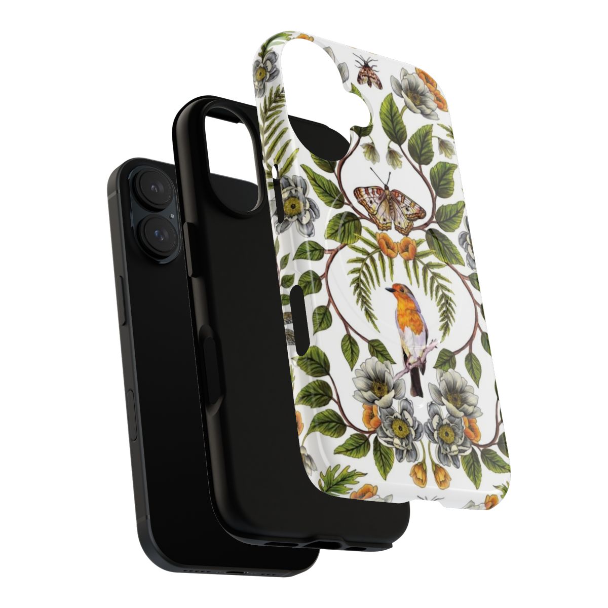 Floral and botanical pattern phone case with birds, moths, dragonflies, and flowers - Layers