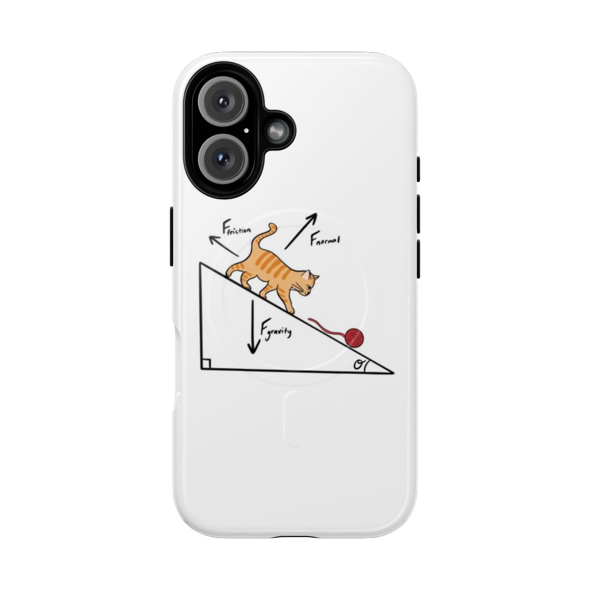 An orange cat-themed phone case with a physics-inspired free body diagram design.