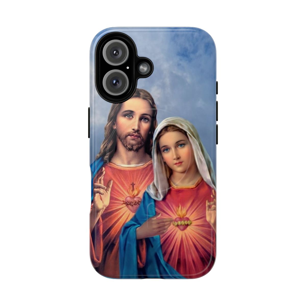 A phone case featuring an image of the Immaculate Heart of the Blessed Virgin Mary against a sky background.