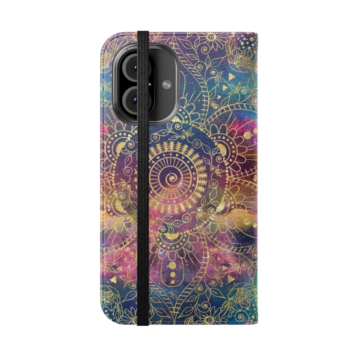 Vibrant gold mandala watercolor print with a mystical, spiritual, and celestial nebula design on a phone case. - Folded Front